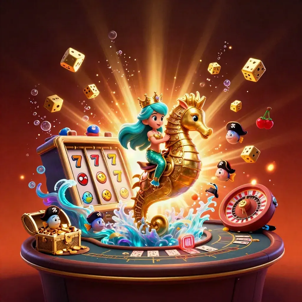 Mermaid princess on a golden seahorse amid slots, dice, treasure, and casino cards