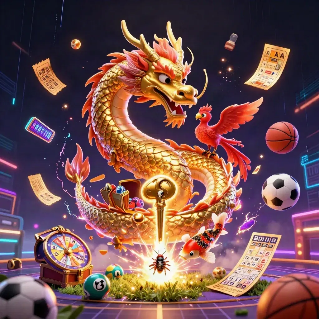 Golden dragon and casino tokens burst under neon stadium light on a dark grid horizon