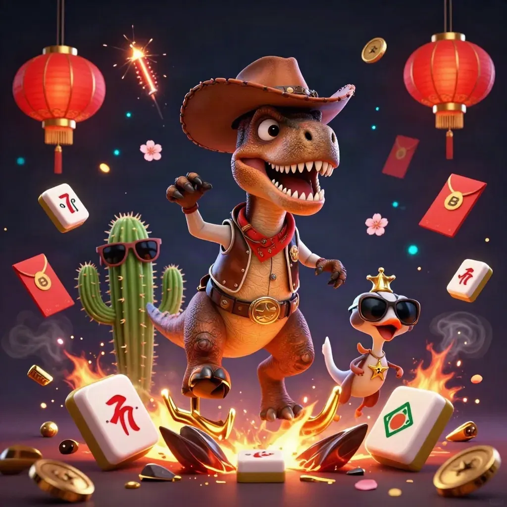 Cowboy T-Rex trio amid treasure bursts, lanterns, coins, petals, and casino glow on dark background.