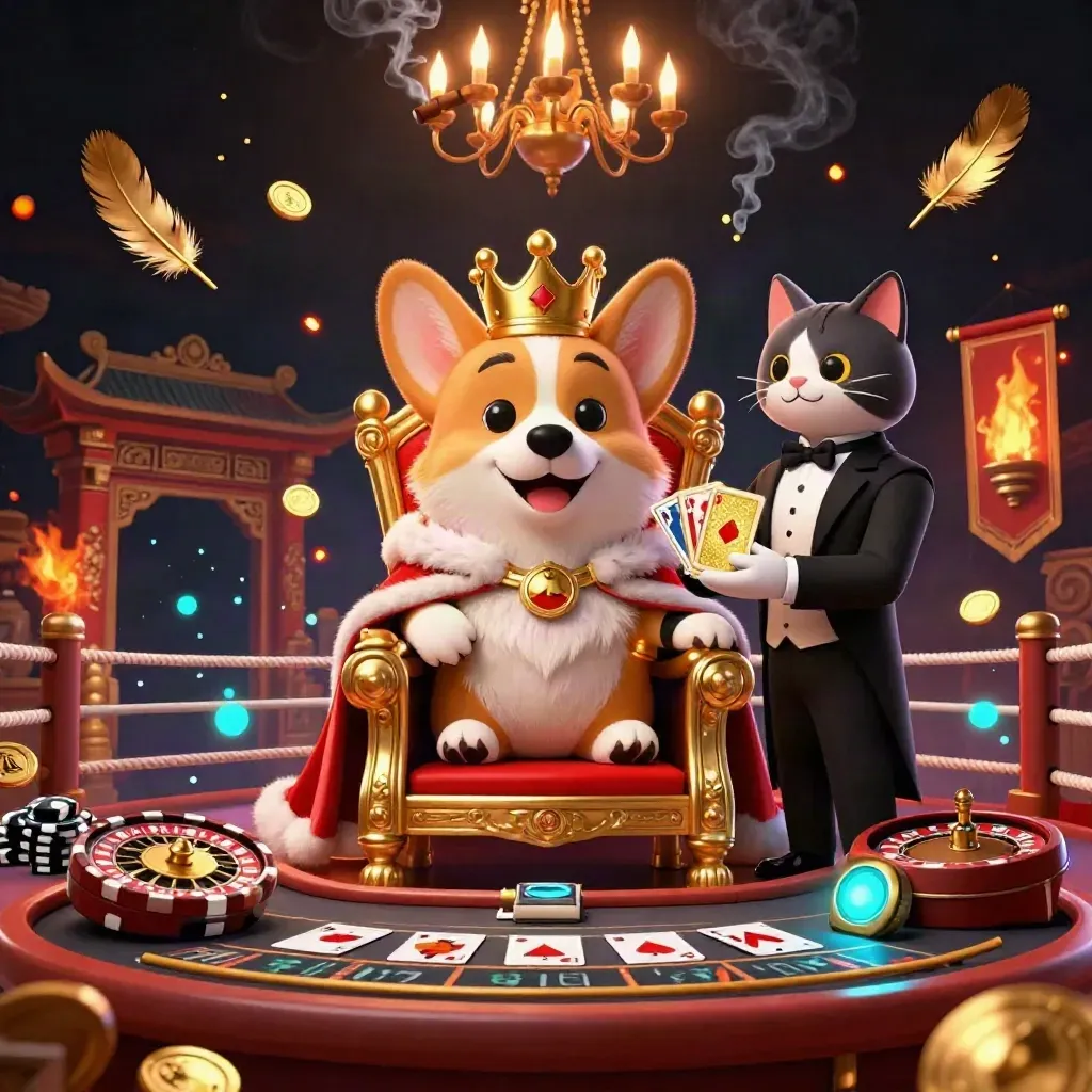Crowned corgi and cat butler amid gold, smoke, and casino relics in a dark luxe room.