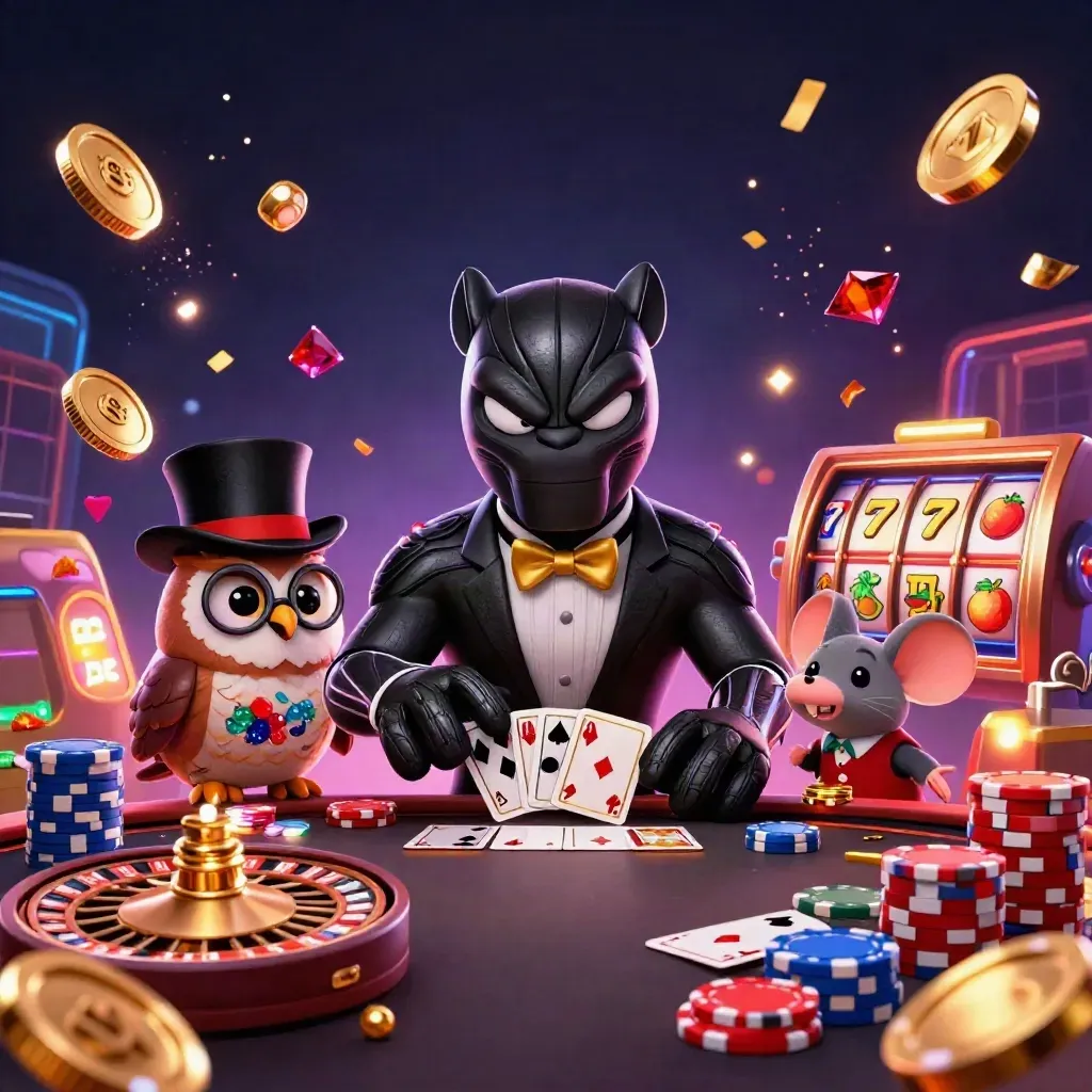Panther, owl, and mouse play casino cards amid coins, chips, roulette, gems, and neon effects.