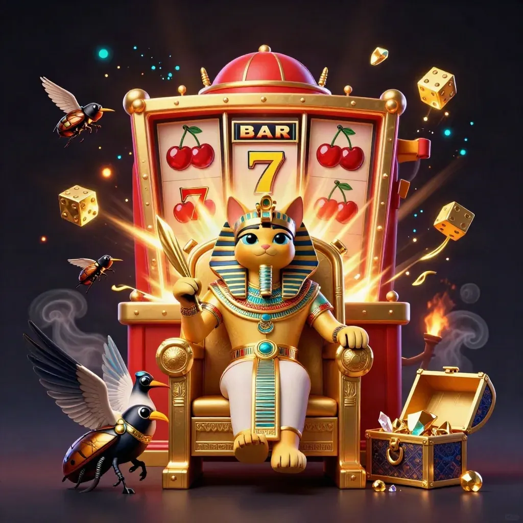 Pharaoh cat on a golden throne with an ibis scribe, scarab beetles, and a bursting slot machine.