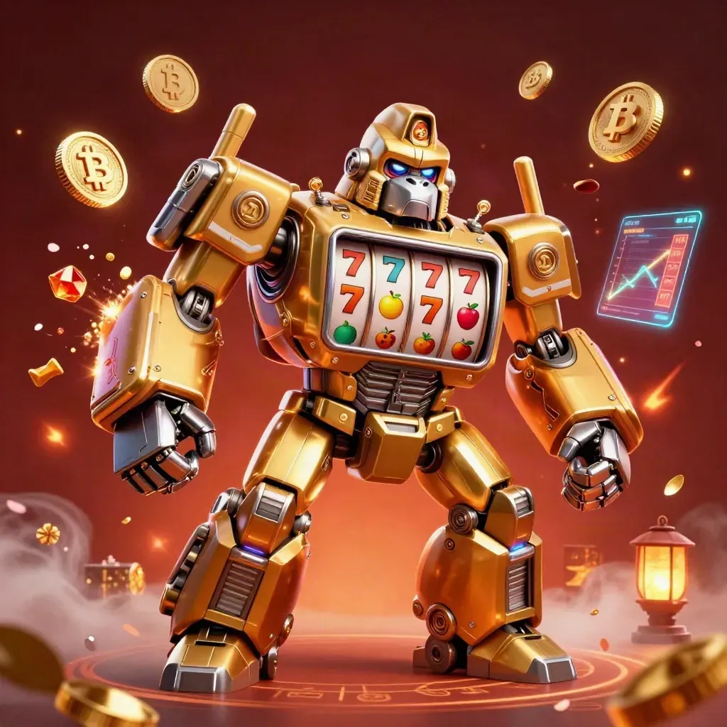 Golden gorilla mech with a monkey pilot, glowing coins, ember sparks, and casino treasure in a fiery dark scene