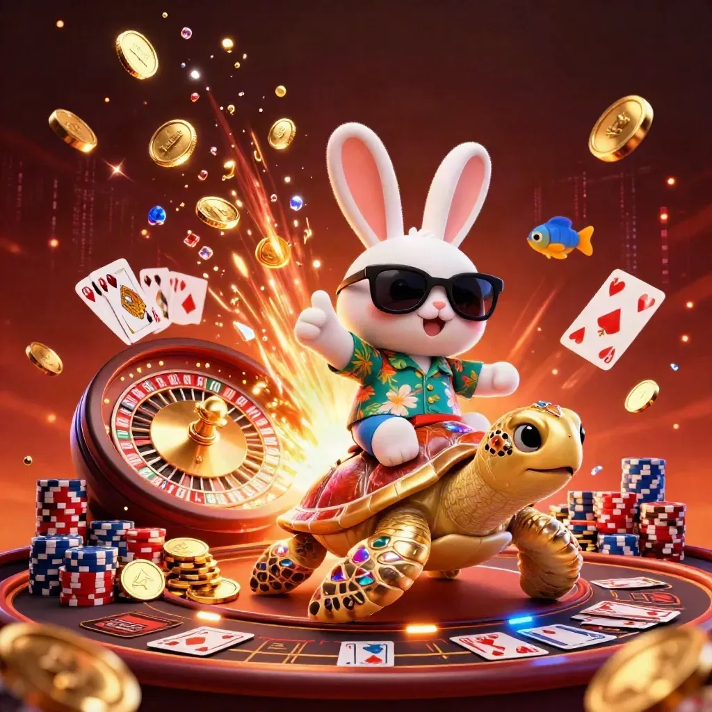 Lucky rabbit on a sea turtle amid coins, gems, roulette, chips, and fireworks.