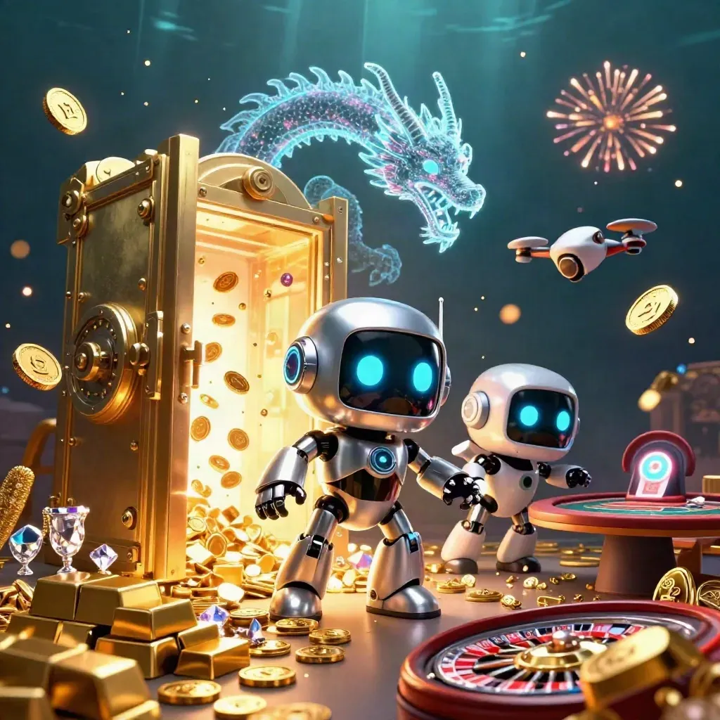 Cyberpunk robot, holographic dragon, and coin drone burst from a golden vault amid casino treasures.