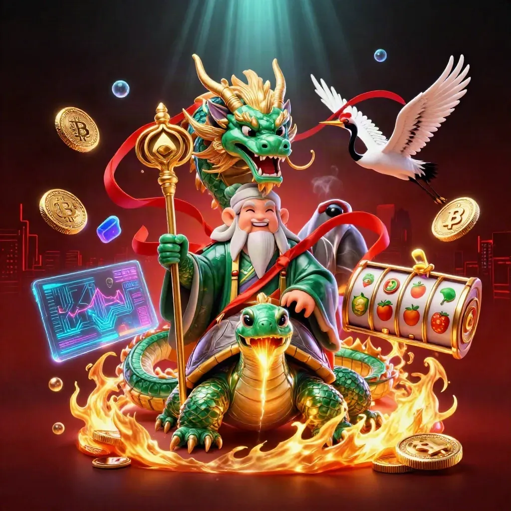 Emerald dragon, sage turtle, and cranes amid casino coins, reels, and neon energy.