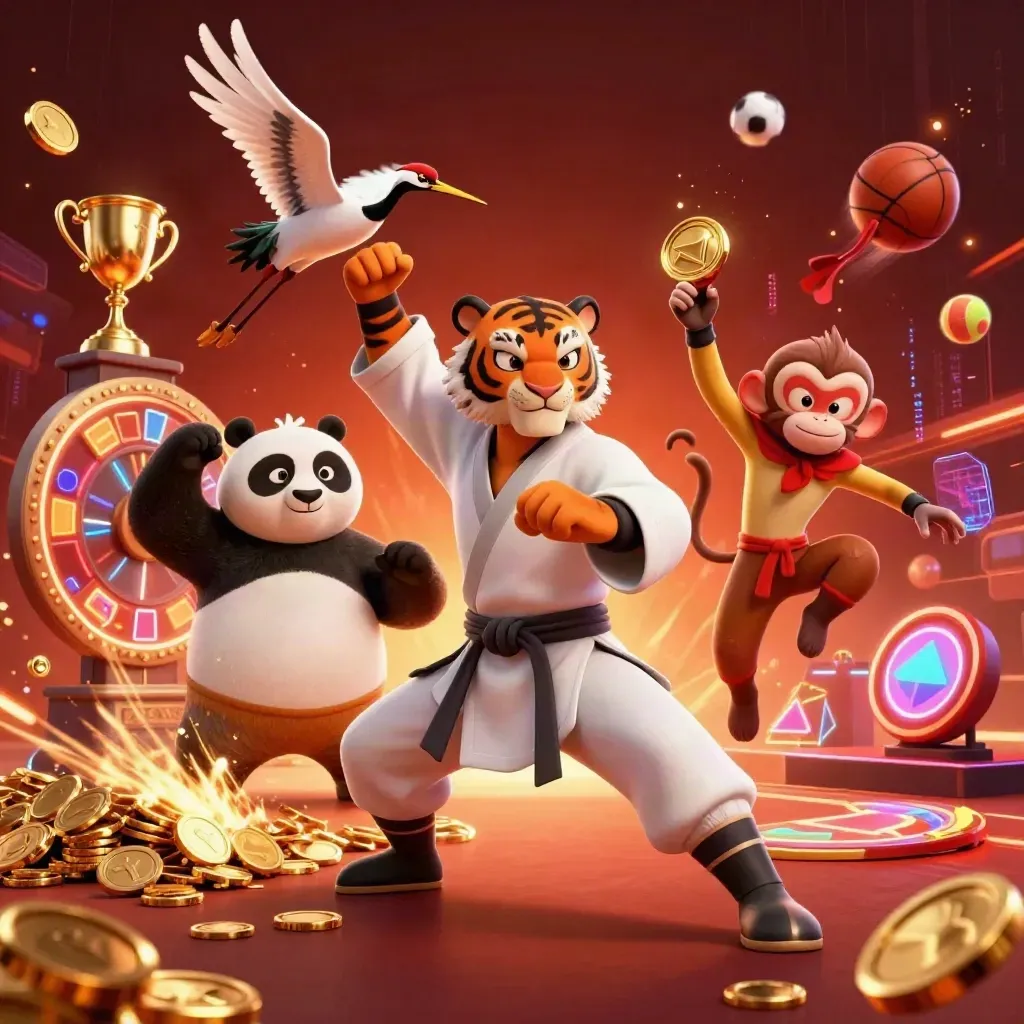 Tiger, panda, and monkey in a casino-action burst with coins, balls, and glowing game props.