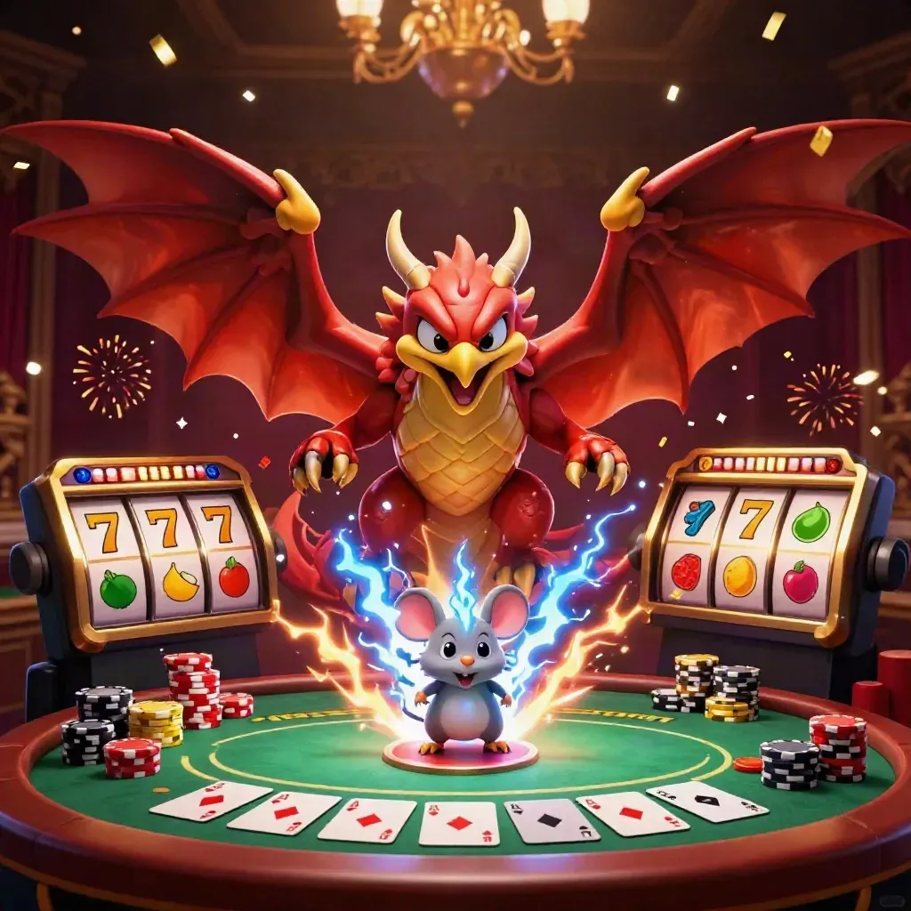 Thunder dragon, wind hawk, and static mouse over poker chips and slot reels on a dark gold casino backdrop.