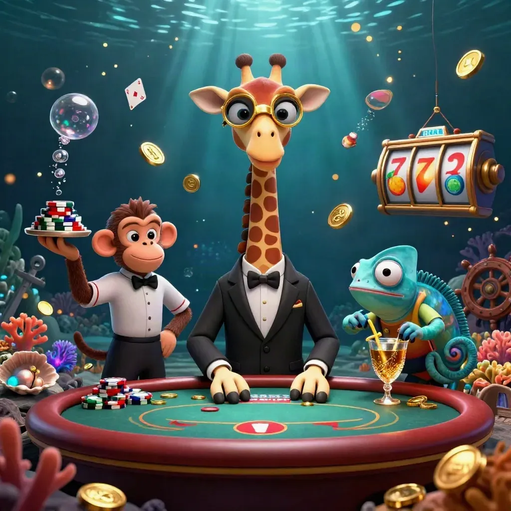 Giraffe, monkey valet, and chameleon bartender in an underwater VIP casino scene.