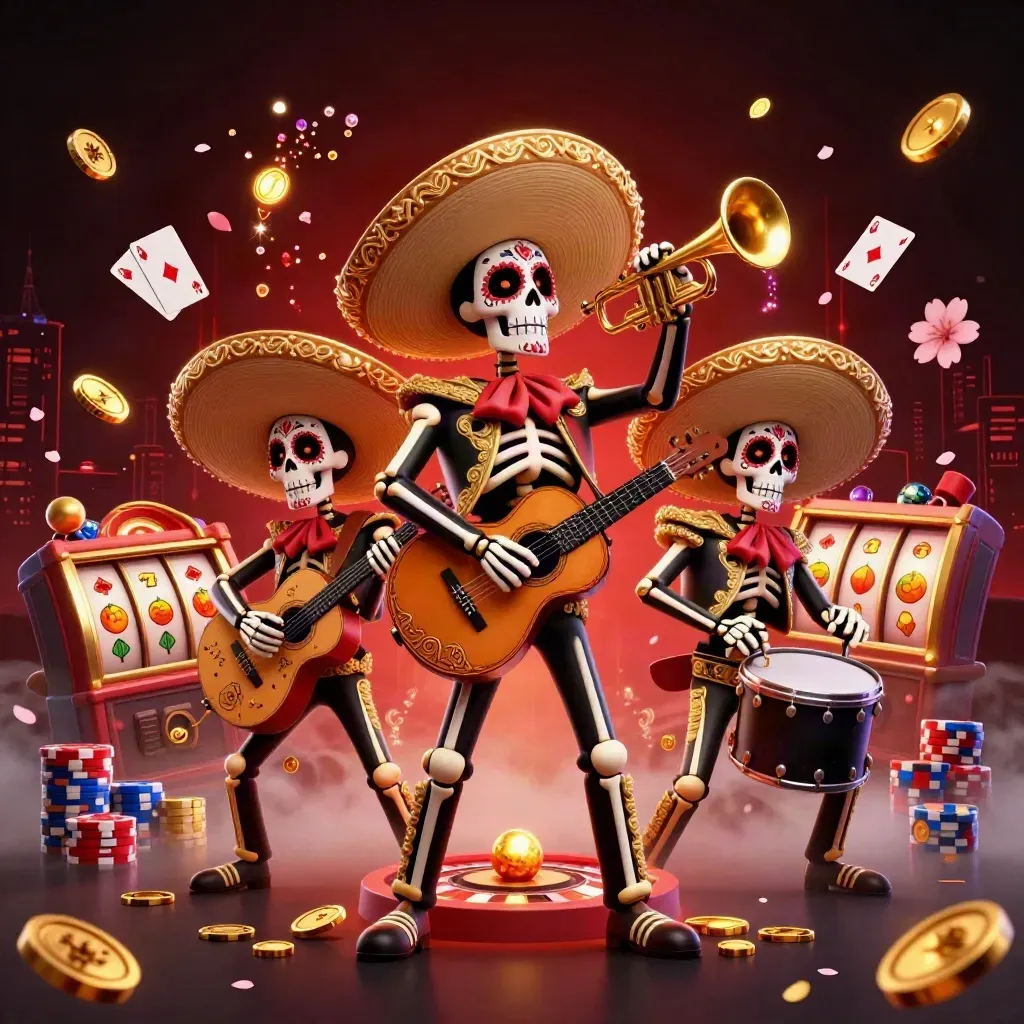 Day-of-the-Dead skeleton mariachi trio amid casino coins, cards, roulette, chips, and crimson fog.