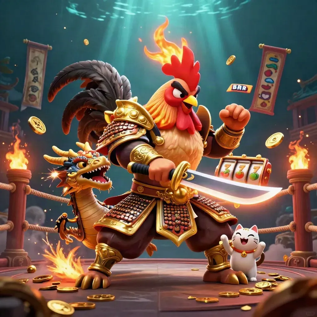 Rooster warrior, dragon hatchling, and fortune cat in a glowing casino battle icon.