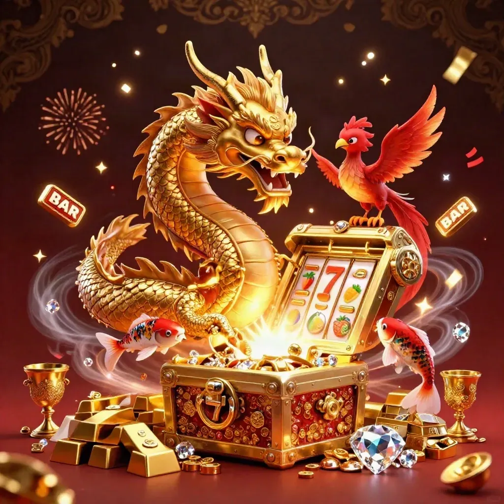 Golden dragon, phoenix, koi, treasure chest, vault door, coins, gems, and casino reels on a dark luxe background.