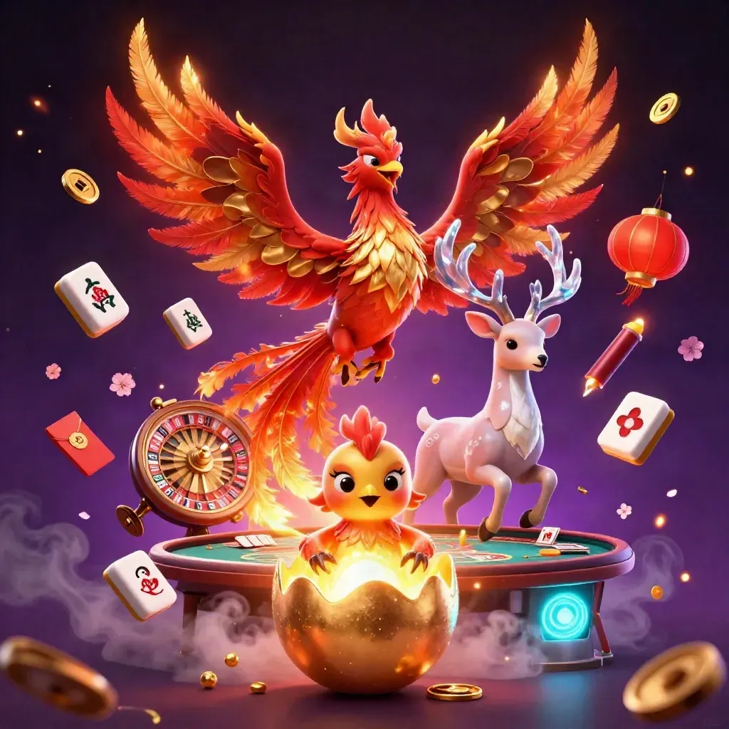 Phoenix trio amid casino props, gold sparks, roulette wheel, and dark purple magical glow.