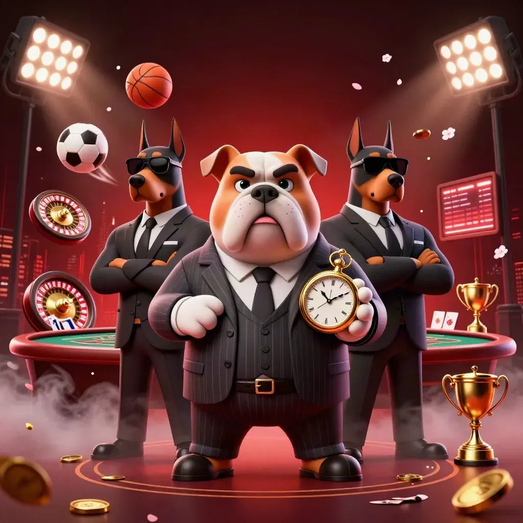 Bulldog boss and two Dobermans amid casino props, coins, lights, and neon effects.