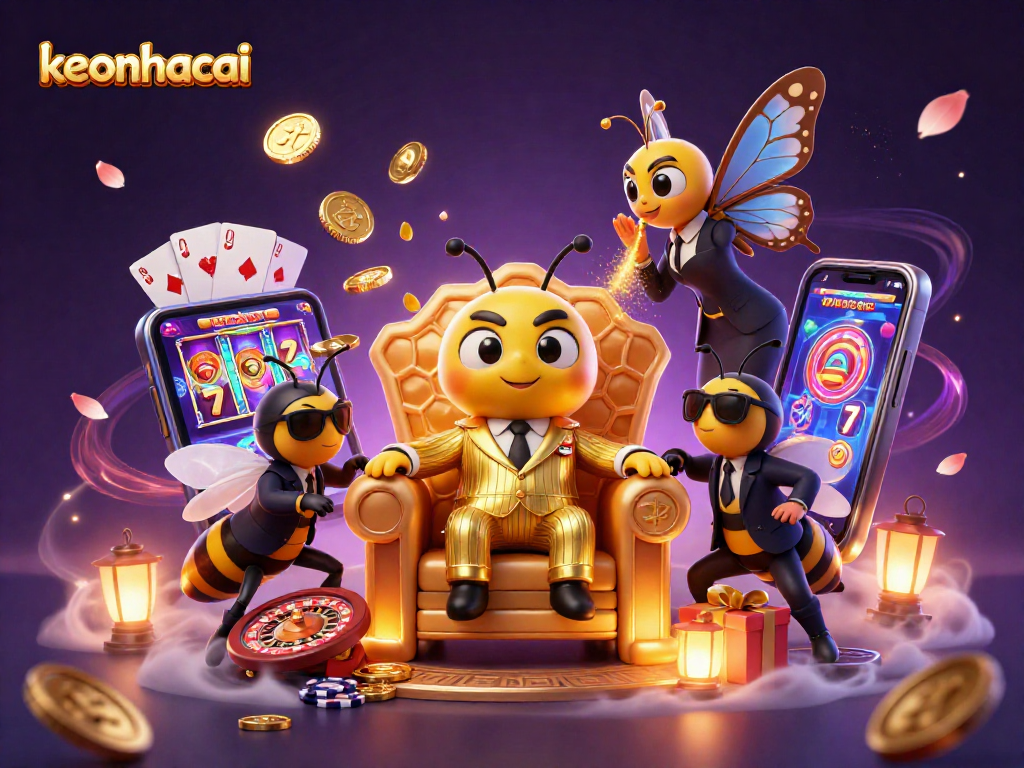 Join the world of keonhacai with an epic cartoon scene showcasing vibrant casino excitement.