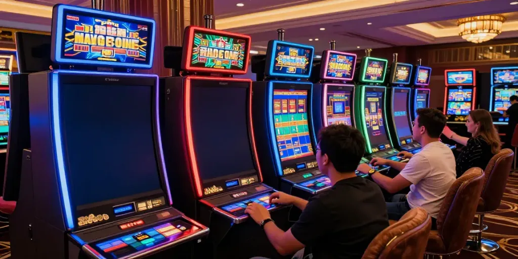 Engaged players enjoying the excitement of slot jackpot machines in a vibrant casino.
