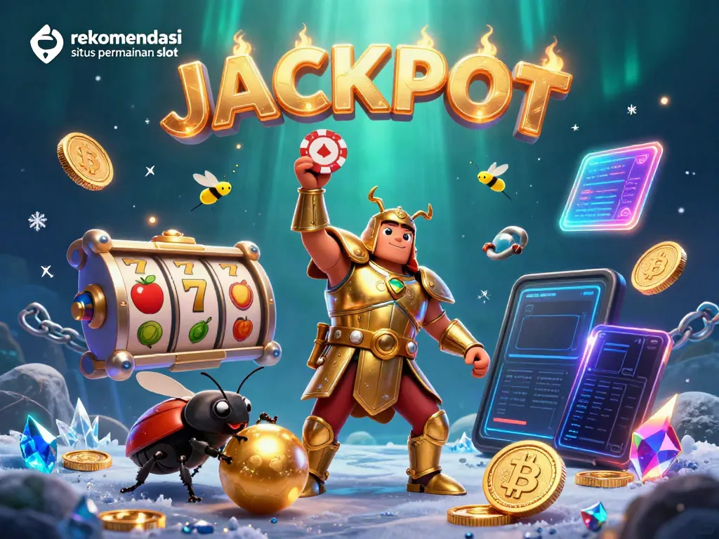 Gambarlah rekomendasi situs permainan slot dengan karakter serangga 3D, simbol slot, dan elemen kasino.