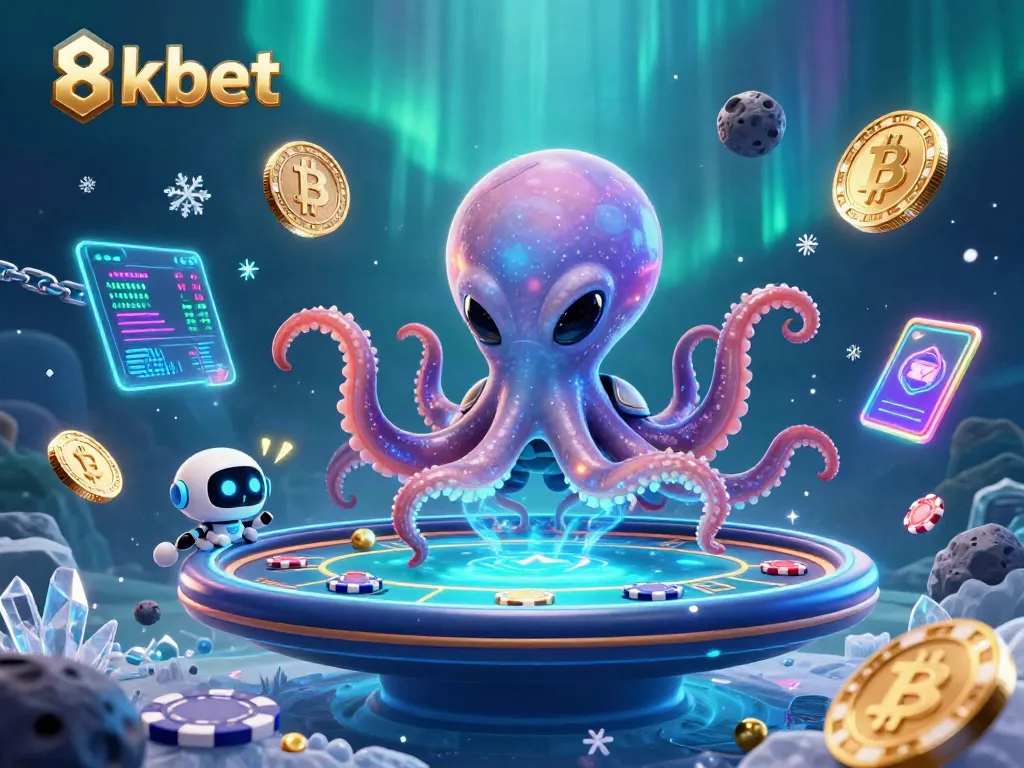 Experience exciting poker action with 8xbet's vibrant gaming scene featuring alien characters and crypto elements.