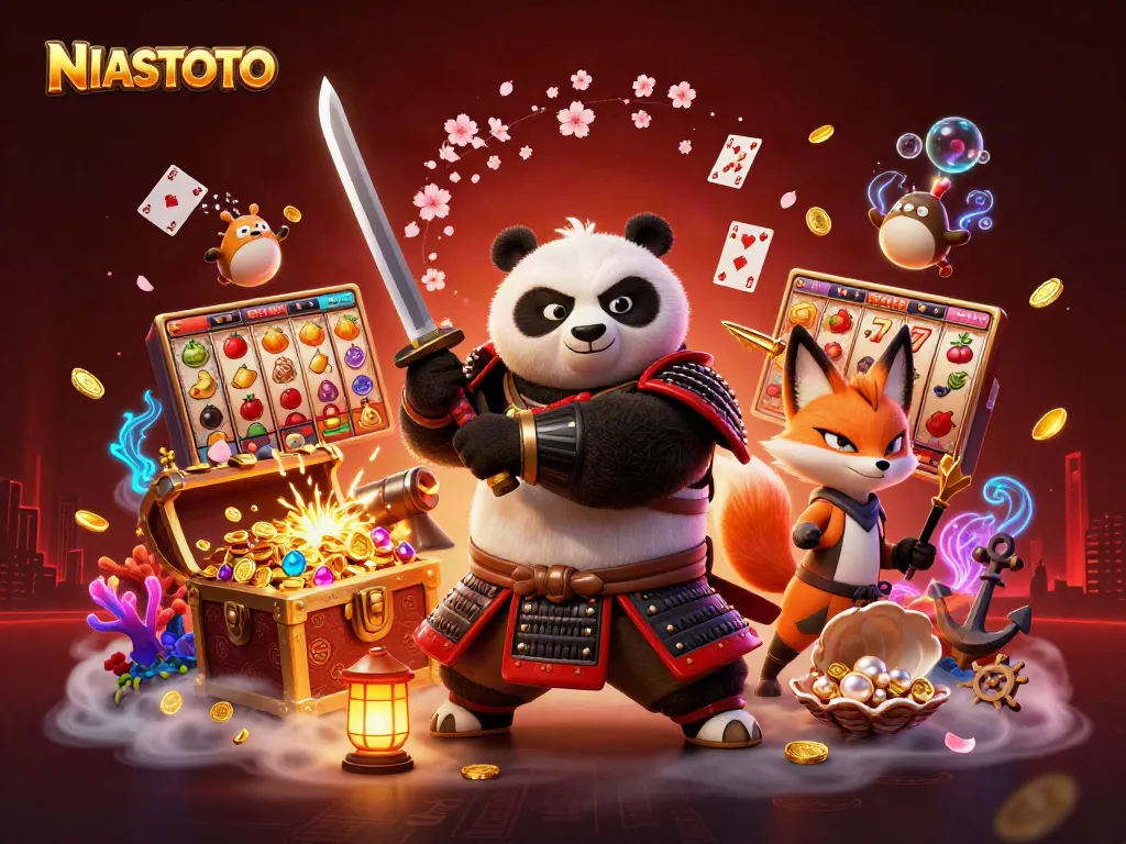 NIASTOTO menampilkan samurai panda dan ninja fox dalam aksi perjudian slot berwarna-warni.