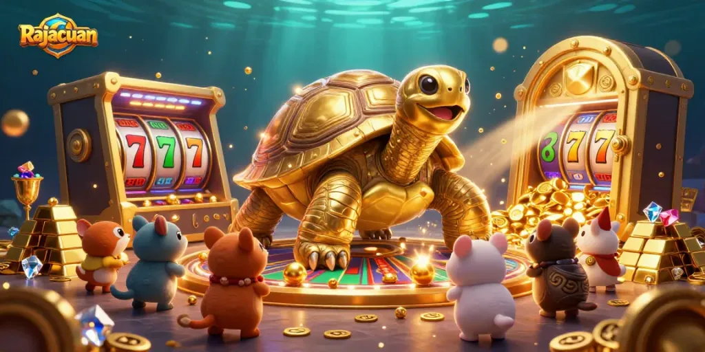 Experience the thrill of winning at Rajacuan with a dazzling scene of jackpot slots and treasures.