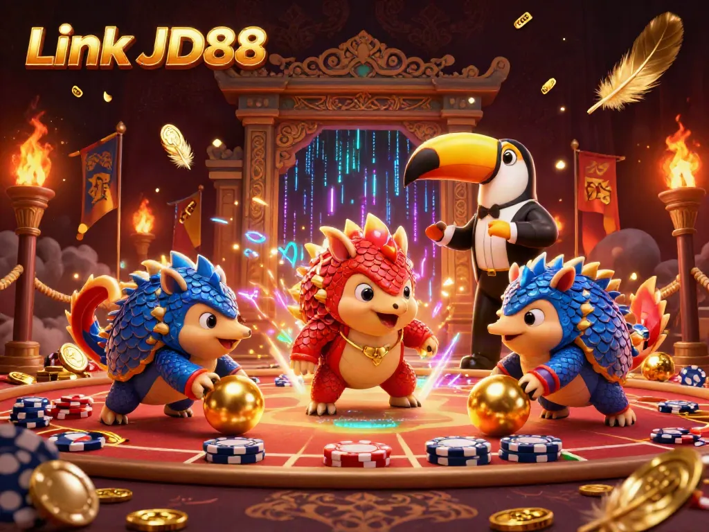 Experience the thrilling action with Link JD88 as pangolins bowl through poker chips in this vibrant casino scene.
