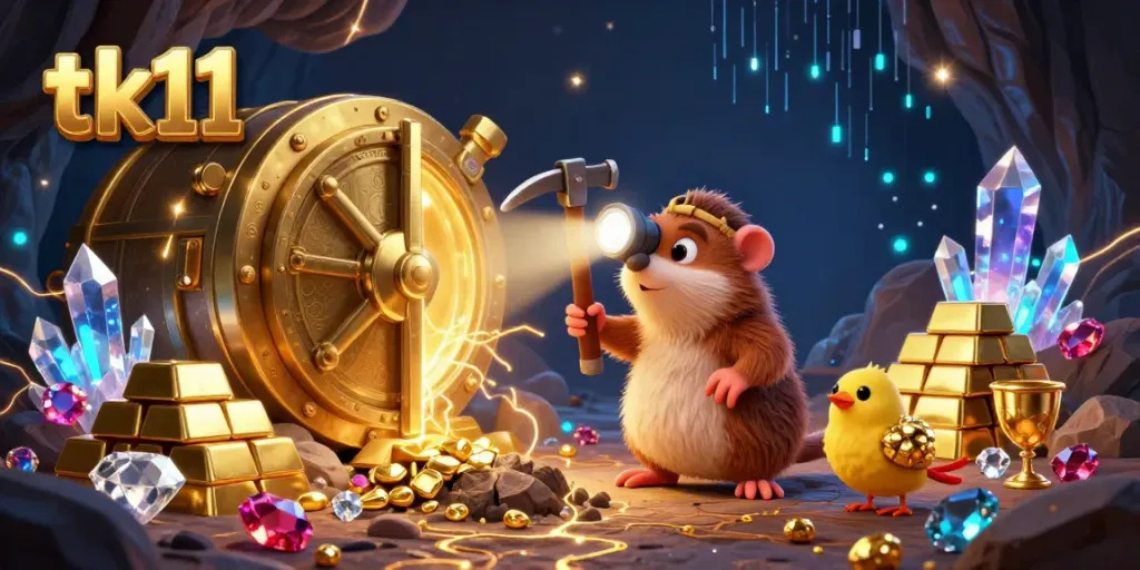 Engage with tk11's treasure-filled scene featuring a cartoon mole, golden treasures, and glowing gems.