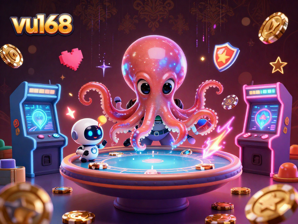 Engage with vu168 as the 3D alien octopus operates a holographic poker table in a vibrant casino scene.