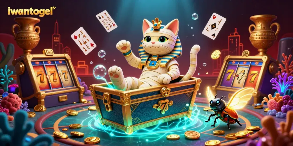 Engage with the iwantogel pyramid casino, featuring a cartoon mummy cat and dynamic slot visuals.