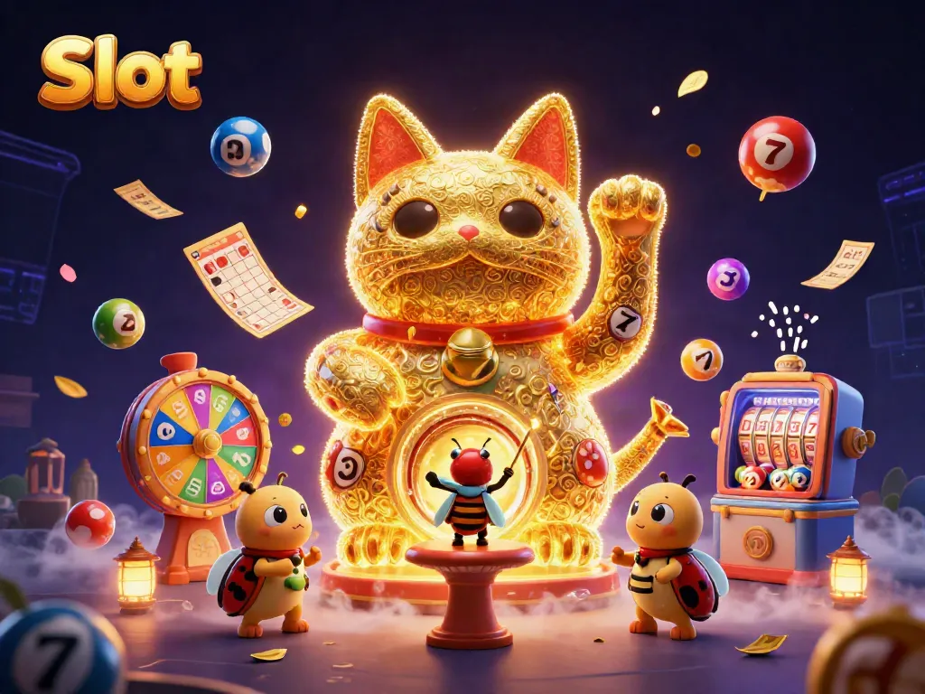 Slot dengan simbol keberuntungan dikelilingi oleh bola lotre berwarna-warni di ilustrasi kasino.