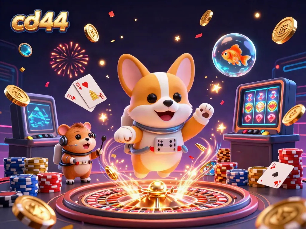 Experience the thrill of cd44 in space with a floating casino scene featuring an astronaut corgi, animated character action, and vibrant gambling elements.