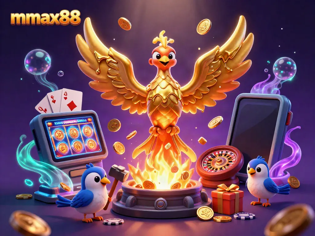 Experience thrilling gaming adventures at mmax88, featuring a golden phoenix and vibrant slot games.