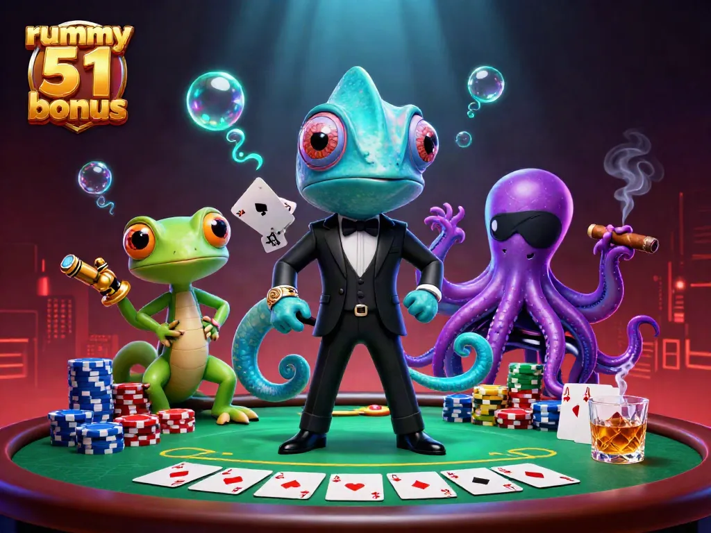 Bonus Rummy Deity 51, karakter kartun di kasino virtual menikmati suasana permainan kartu berwarna-warni.