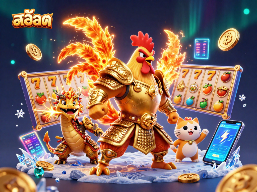 Experience thrilling สล็อต action with vibrant characters, slot symbols, and blockchain elements.