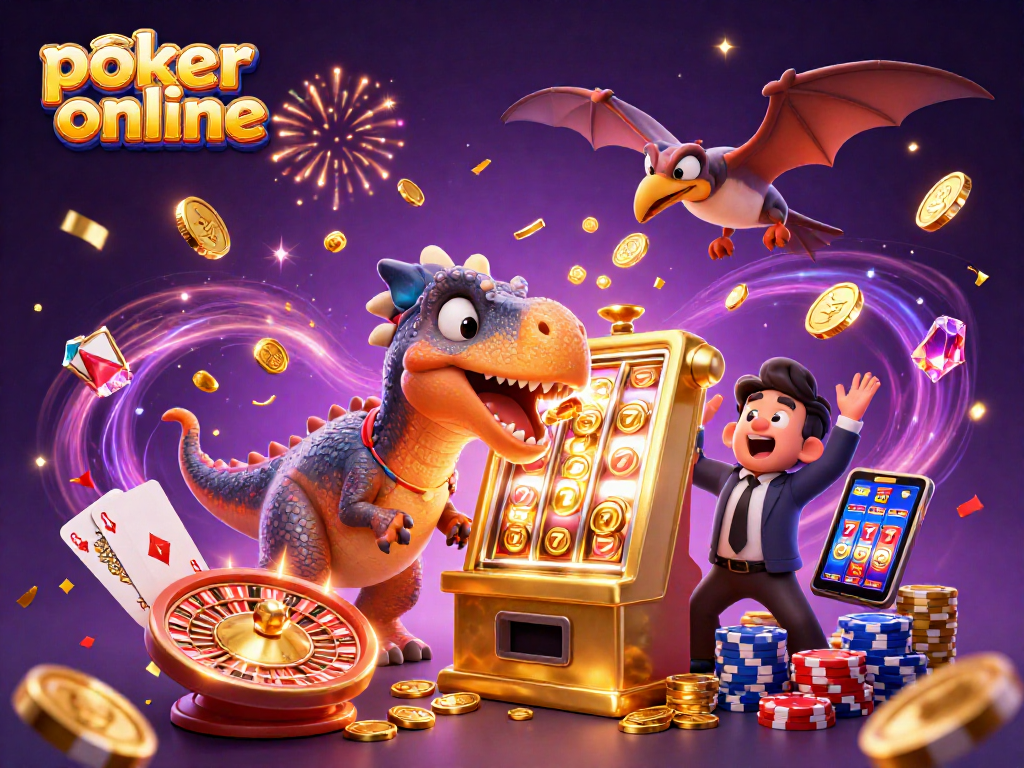 Permainan poker online yang seru dengan dinosaurus dan mesin slot menghasilkan koin jackpot.