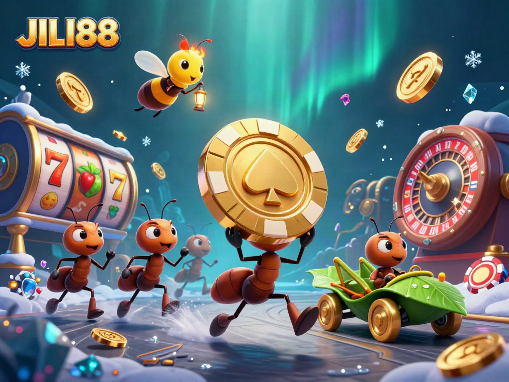 Spin with JILI88 in this vibrant 3D scene featuring animated ants and casino elements.
