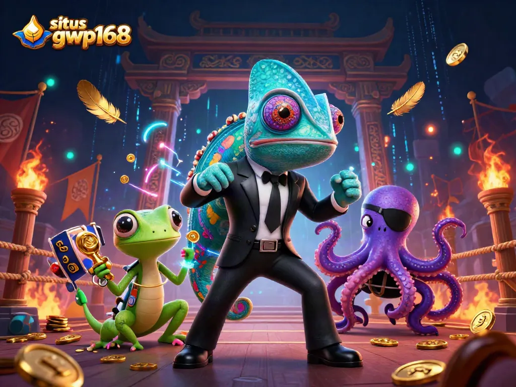 Permainan slot di situs gwp168, dengan karakter kartun dalam momen menang penuh kejutan.