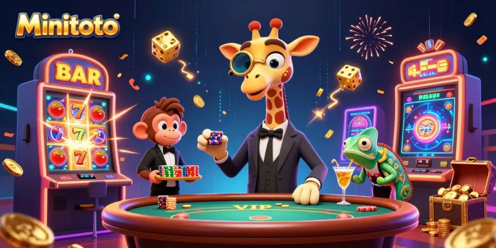 Minitoto memikat dengan ilustrasi kasino 3D bertema ceria, menampilkan gajah, monyet, dan chameleon yang merayakan jackpot