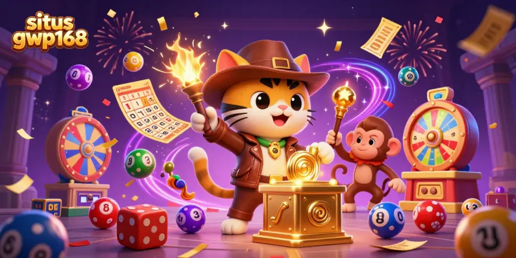 Gamer menemukan artefak kasino emas di situs gwp168, suasana meriah dengan kembang api dan confetti.