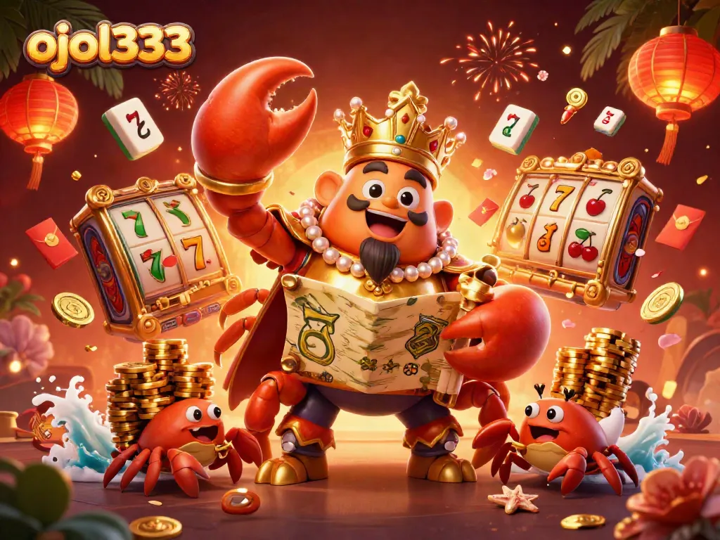 Engage with ojol333's vibrant casino scene featuring a golden crab emperor amidst spinning slots.