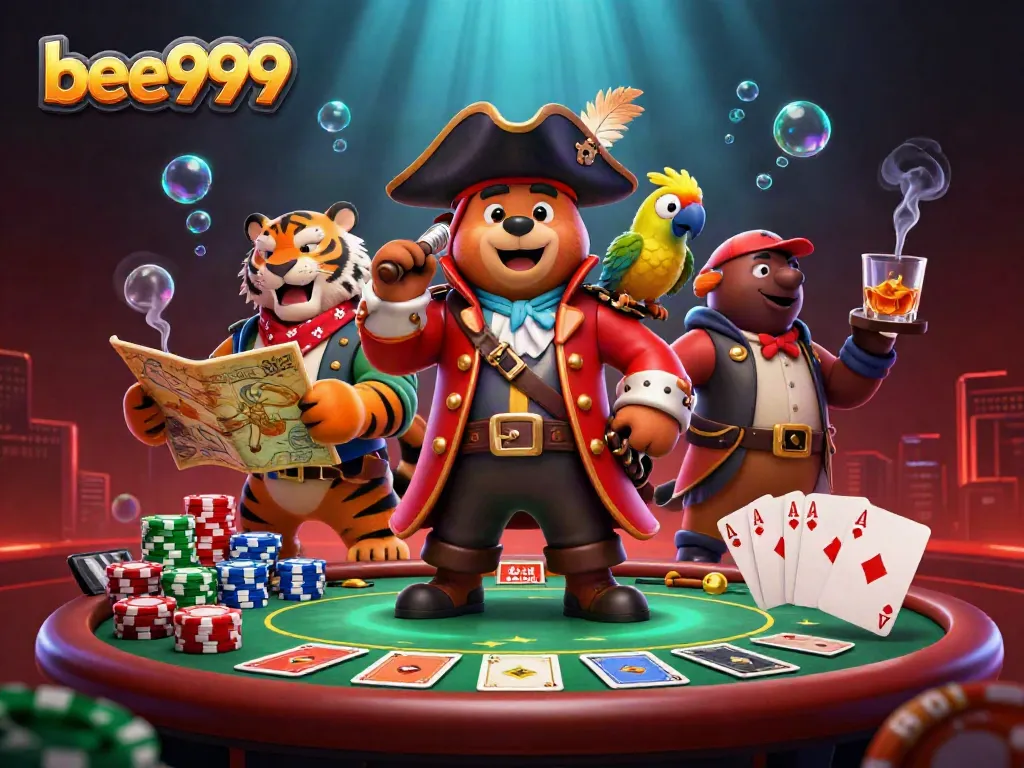 Experience the thrill of bee999 with pirate-themed gambling fun featuring poker and chips!