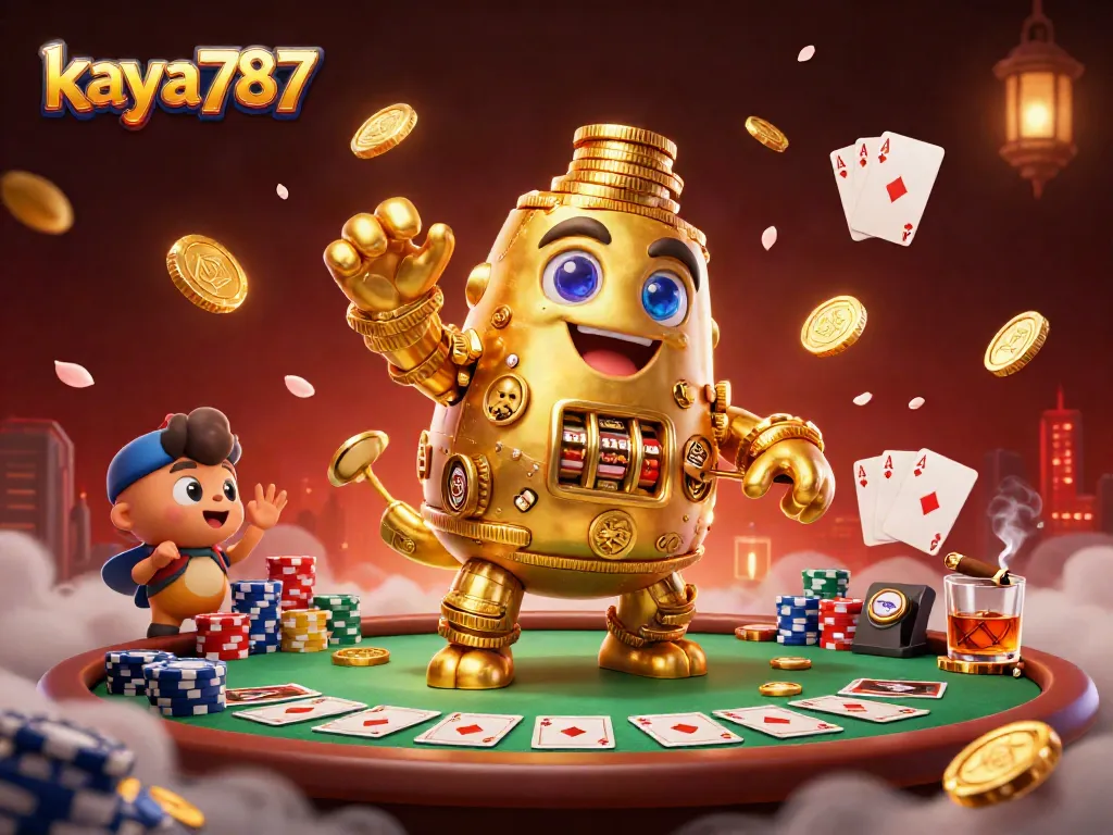 Spin the reels at kaya787 with a massive golden golem and colorful poker elements in action.