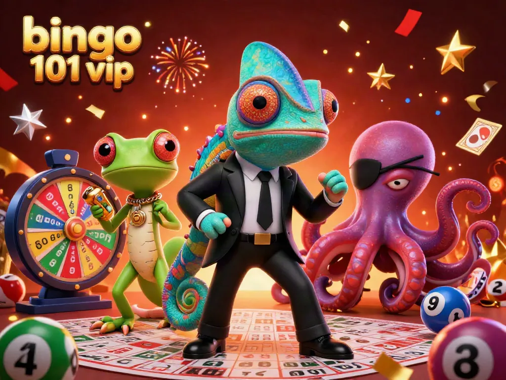 Bingo 101 VIP promotional illustration featuring characters amidst bingo elements and vibrant celebration effects.
