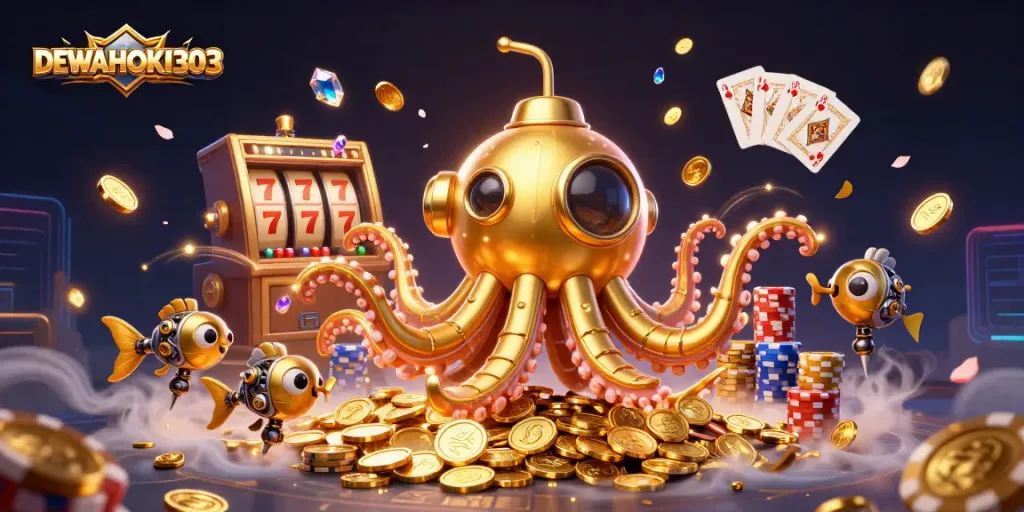 DEWAHOKI303 memutar jackpot mesin slot dengan karakter kraken dan koin emas yang terbang.