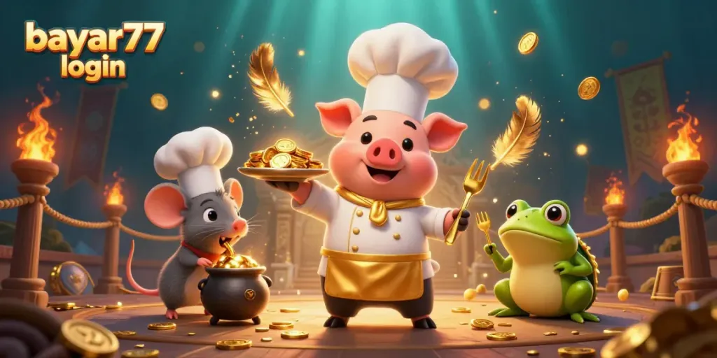 Engage with the vibrant scene of a 3D chef pig showcasing gold coins in the context of bayar77 login gaming.