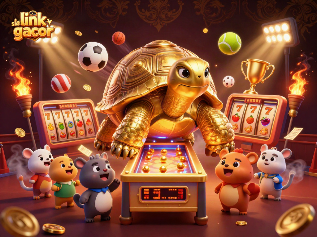 Engage with link slot gacor inspired dynamics in a vibrant casino scene featuring golden tortoise and animal friends.