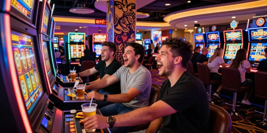 Excited friends enjoying a slot888 game in a lively casino environment.