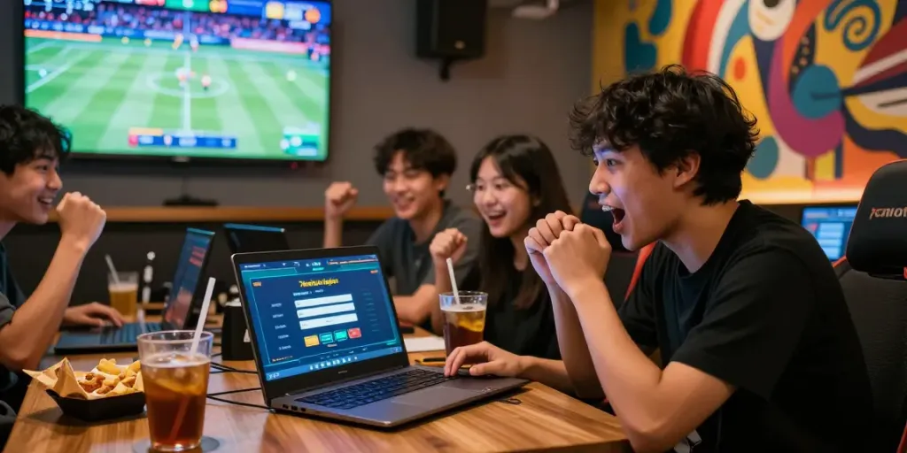 7meter daftar di kafe gaming dengan pengunjung merayakan kemenangan taruhan.