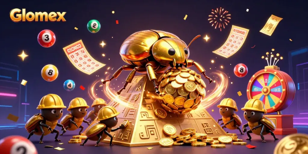 Engage with Glomex lottery elements through vibrant visuals and energetic gaming symbols.