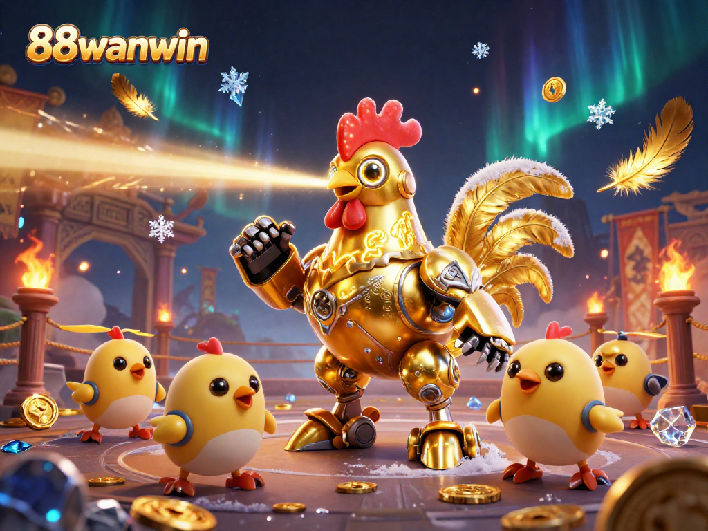 Engage with 88wanwin's casino excitement featuring a golden rooster robot and baby chick drones.