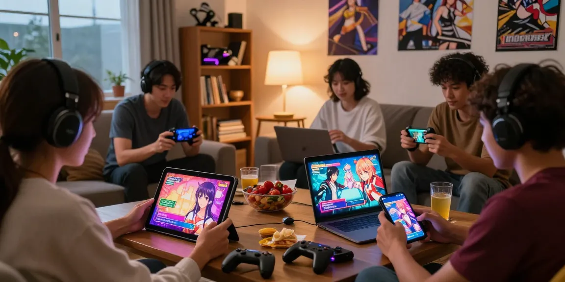 Friends enjoying engaging hentai games in a cozy living room setting with vibrant graphics.